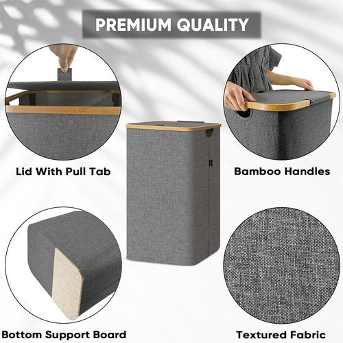 BALEINE Laundry Hamper - Tall 26 Gal Bin with Lid & Bamboo Pull Handles | Grey Color