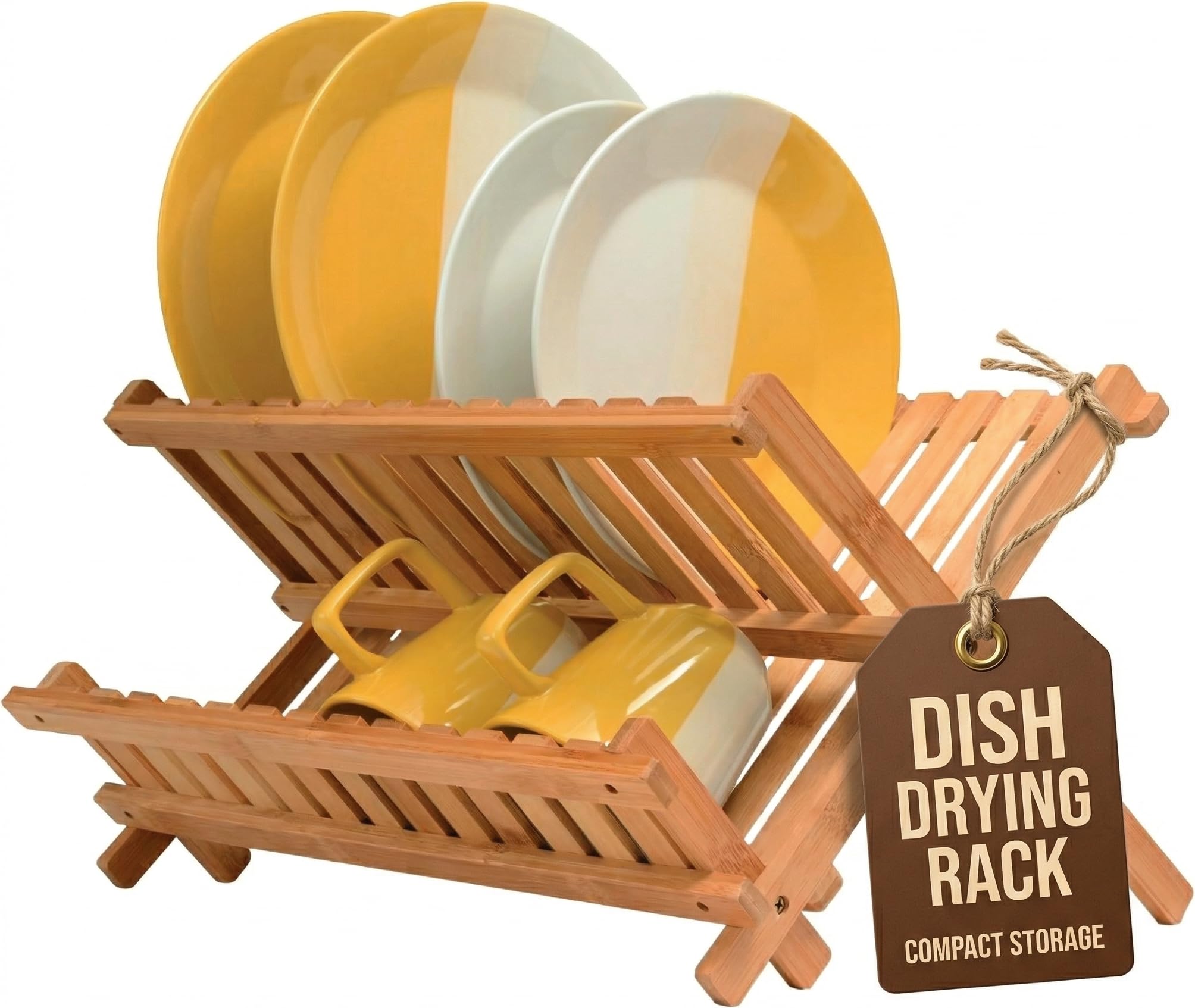 Dish Drying Rack - Collapsible Bamboo 2 Tier Foldable Wooden Dish Drainer for Countertop, Plates Cups Bowls Utensils, Eco Friendly Folding Bamboo Dish Rack for Kitchen Home Apartment RV - by Bambusi