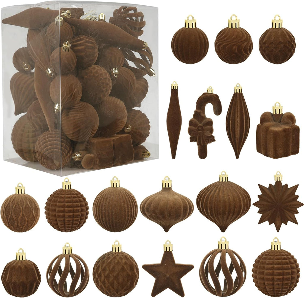Regine Switzerland 50 Pcs Brown Velvet Christmas Balls - Flocked Hanging Ornaments for Holiday Decor