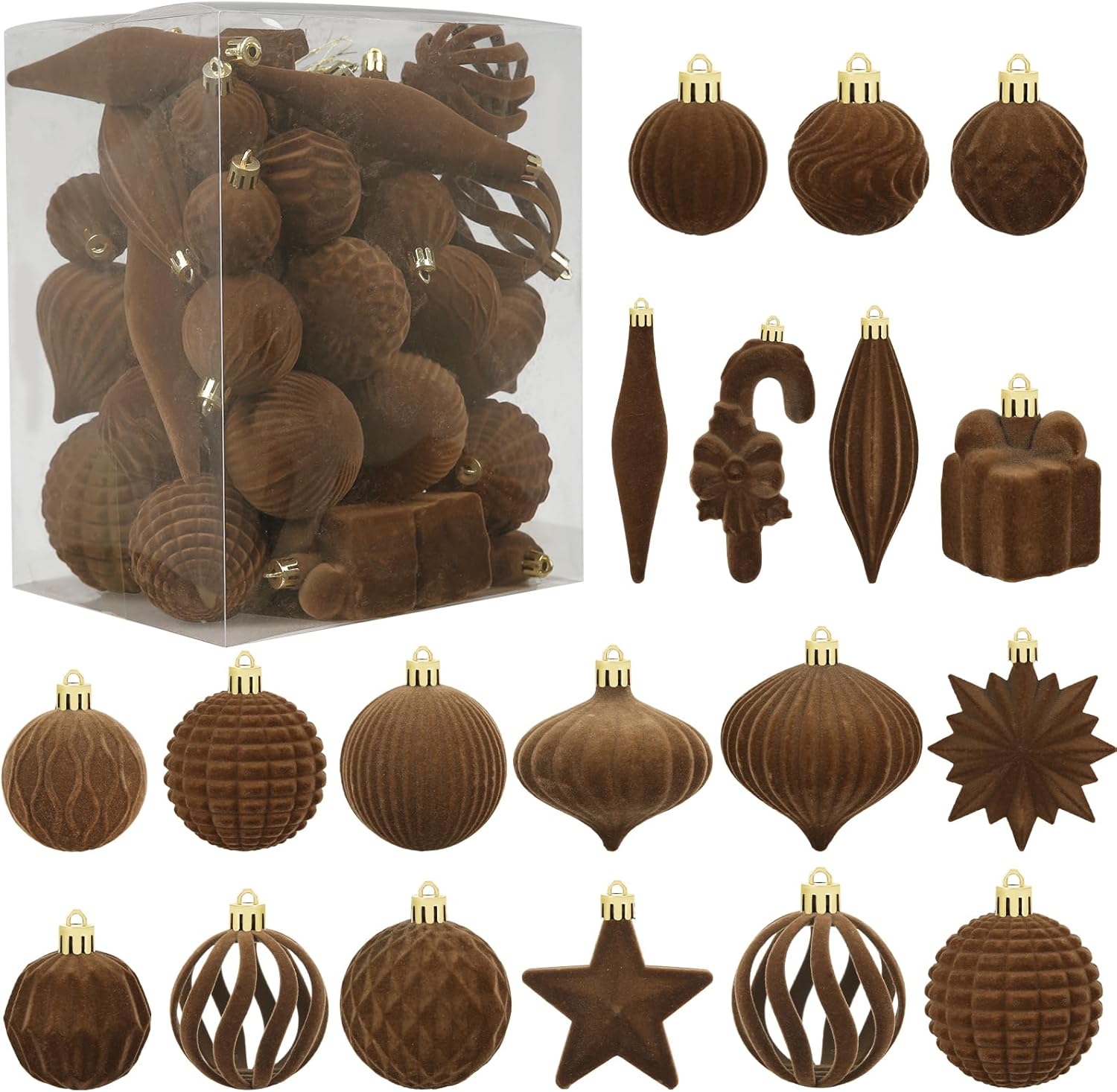 Skiennix 50 Pcs Brown Velvet Christmas Balls - Flocked Ornaments for Tree Decor & Holiday Parties