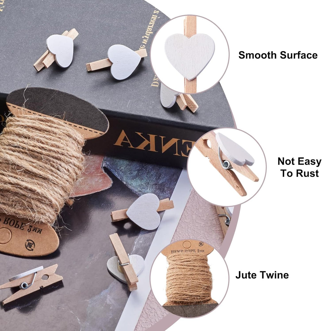 Pandahall 100 Pcs White Heart Clothespins - Wooden Photo Clips with 10.9 Yards Natural Jute Twine for Home Decor