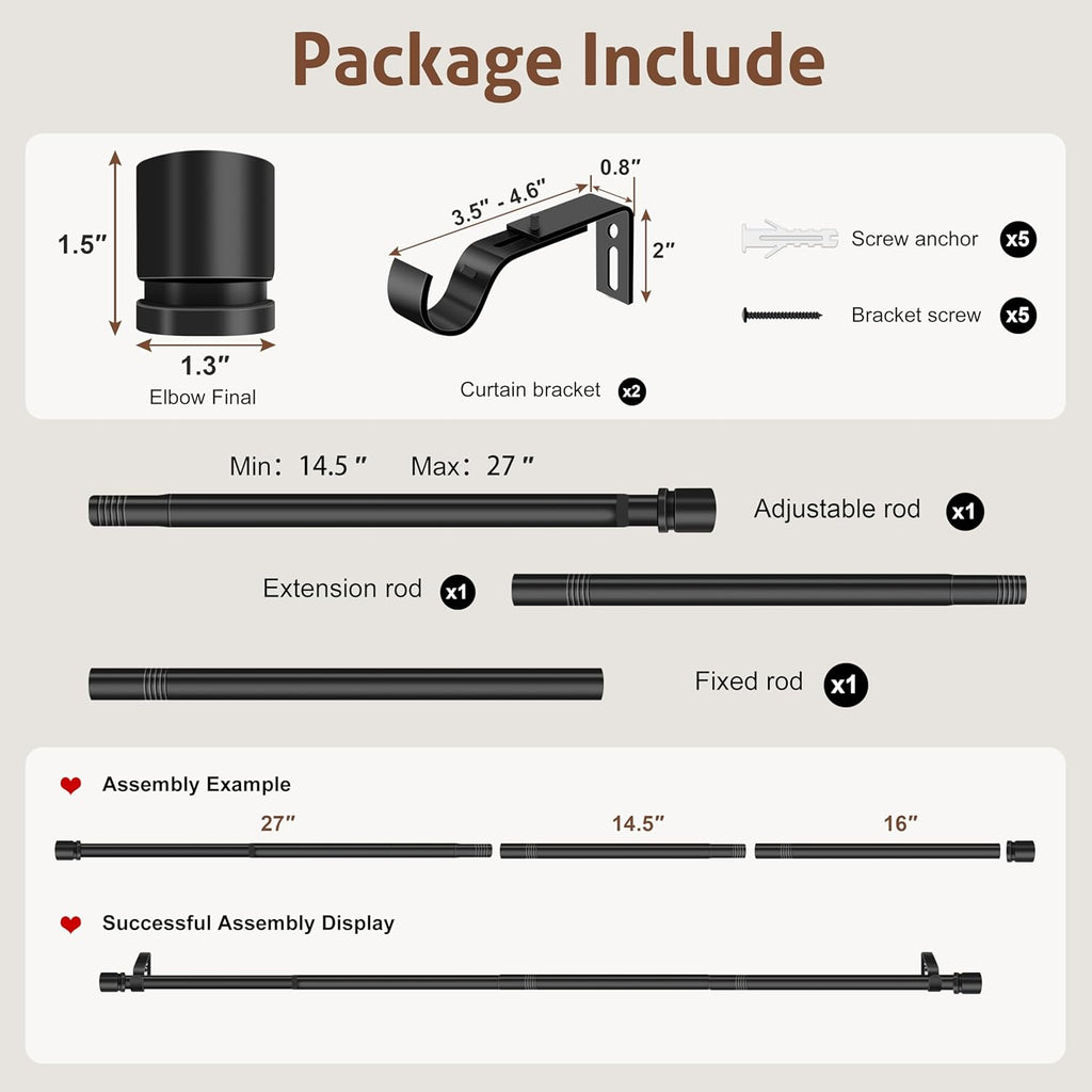 XDW-GIFTS Heavy Duty Black Metal Curtain Rod - Adjustable 32 to 46 Inch for Modern Bedrooms & Living Rooms