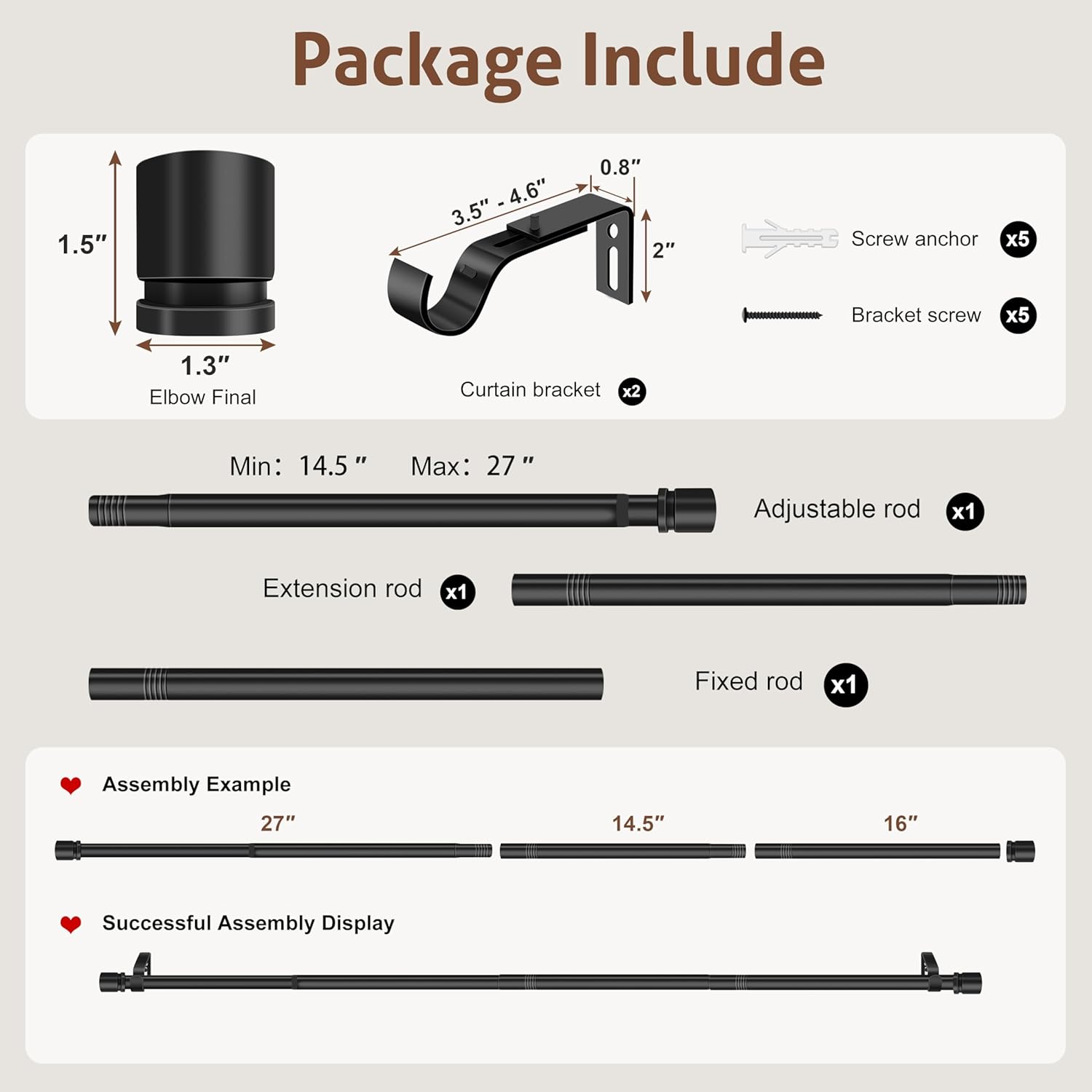 XDW-GIFTS Heavy Duty Black Metal Curtain Rod - Adjustable 32 to 46 Inch for Modern Bedrooms & Living Rooms