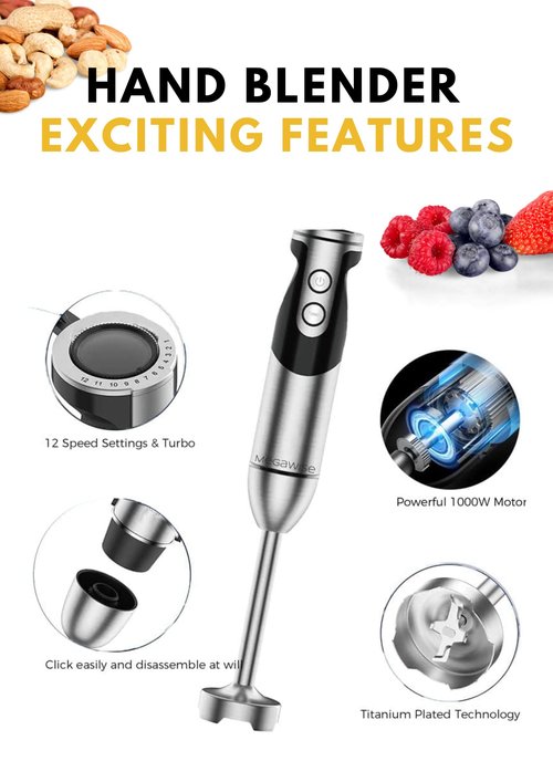 MEGAWISE new Hand Blender Series Only one Hand Blender,no attachments,12-Speed,Includes Powerful Blender Stick- Easy to Clean and Perfect for Smoothies, and More (black)