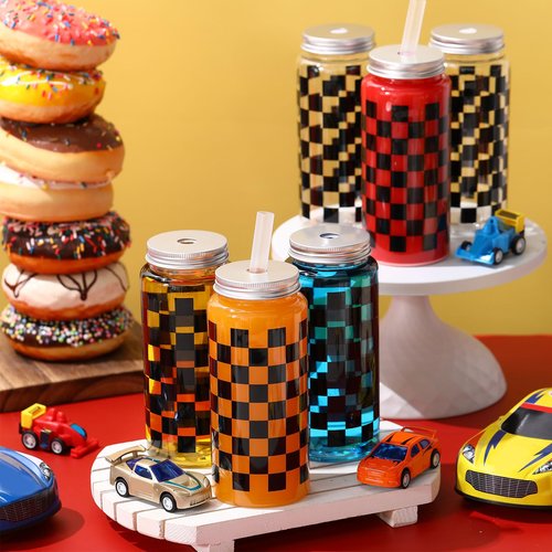 Patelai 12 Pack Race Car Cups 13.5 oz Plastic Tumbler with Lid and Straw Checkered Flag Party Supplies Clear Black Plaid Cups for Race Car Birthday Sports Themed Party Supplies