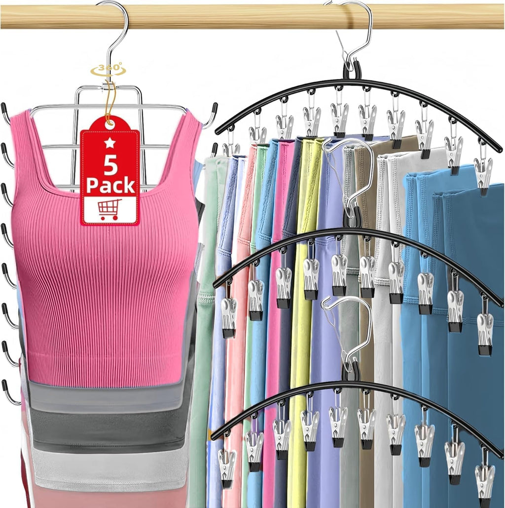 Skiennix Legging Organizer - 5 Pack Closet Hangers with 30 Clips & Tank Top Hanger | Space-Saving Storage