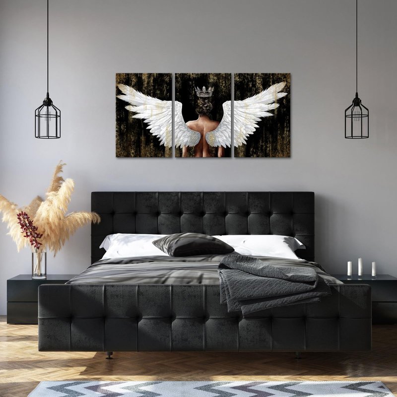 OuElegent Gold And Black Angel Wings Wall Art Canvas Prints Girl Wearing Crown Contemporary Artwork for Living Room Bedroom Decor Framed 16"x24"x3pcs (Black, Medium)