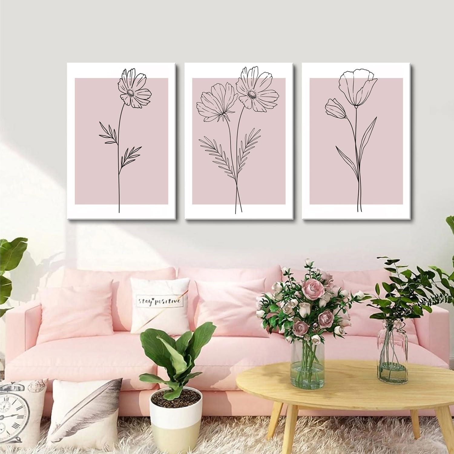 Pink Flower Market Wall Art Set of 3 - Aesthetic Canvas Prints for Bedroom & Girls' Room | Framed 12x16 Inch