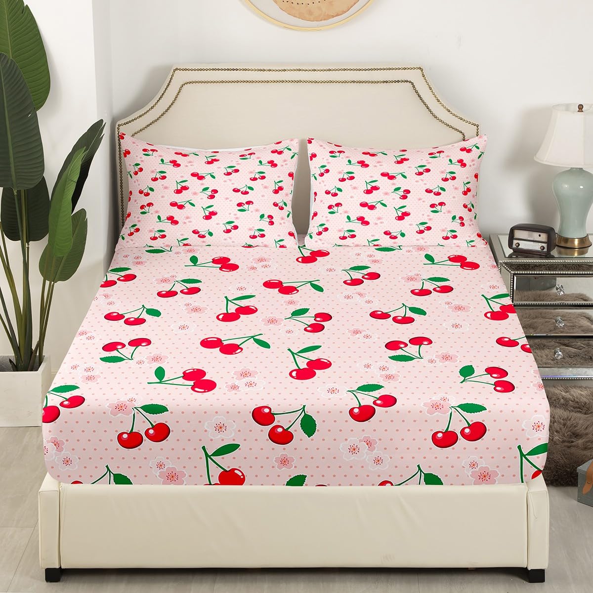 Feelyou Red Cherry Bed Set Cartoon Fruit Bed Sheets for Girls Women Children Sheet Set Girly Cute Fruit Bedding Sheets Pink 1 Bed Sheets with 2 Pillowcases King Size