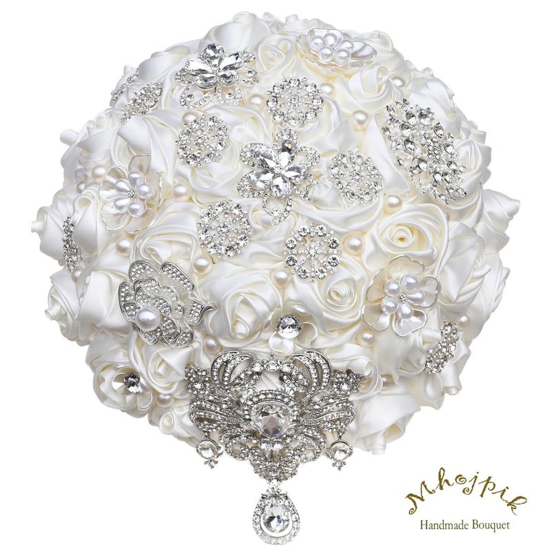 Mhojpik Bridal Wedding Bouquet Round Bling Brooch Bouquet Artificial Rose Flower Bunch for Bride Bridesmaid Wedding Quinceanera(Ivory, 9.8")
