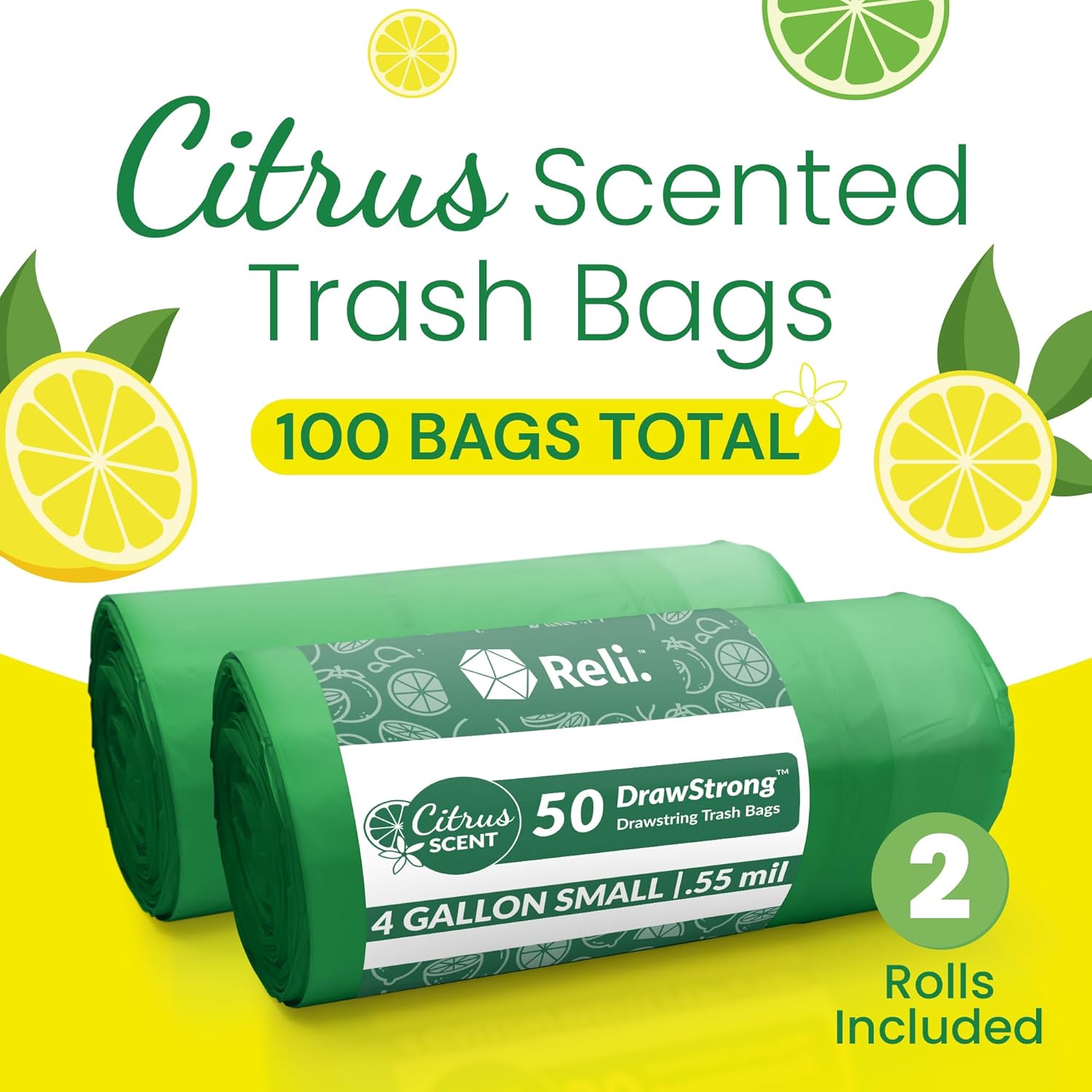 Reli. Citrus Scented Drawstring Trash Bags - 4 Gallon, 100 Count | Ideal for Bathroom & Small Cans