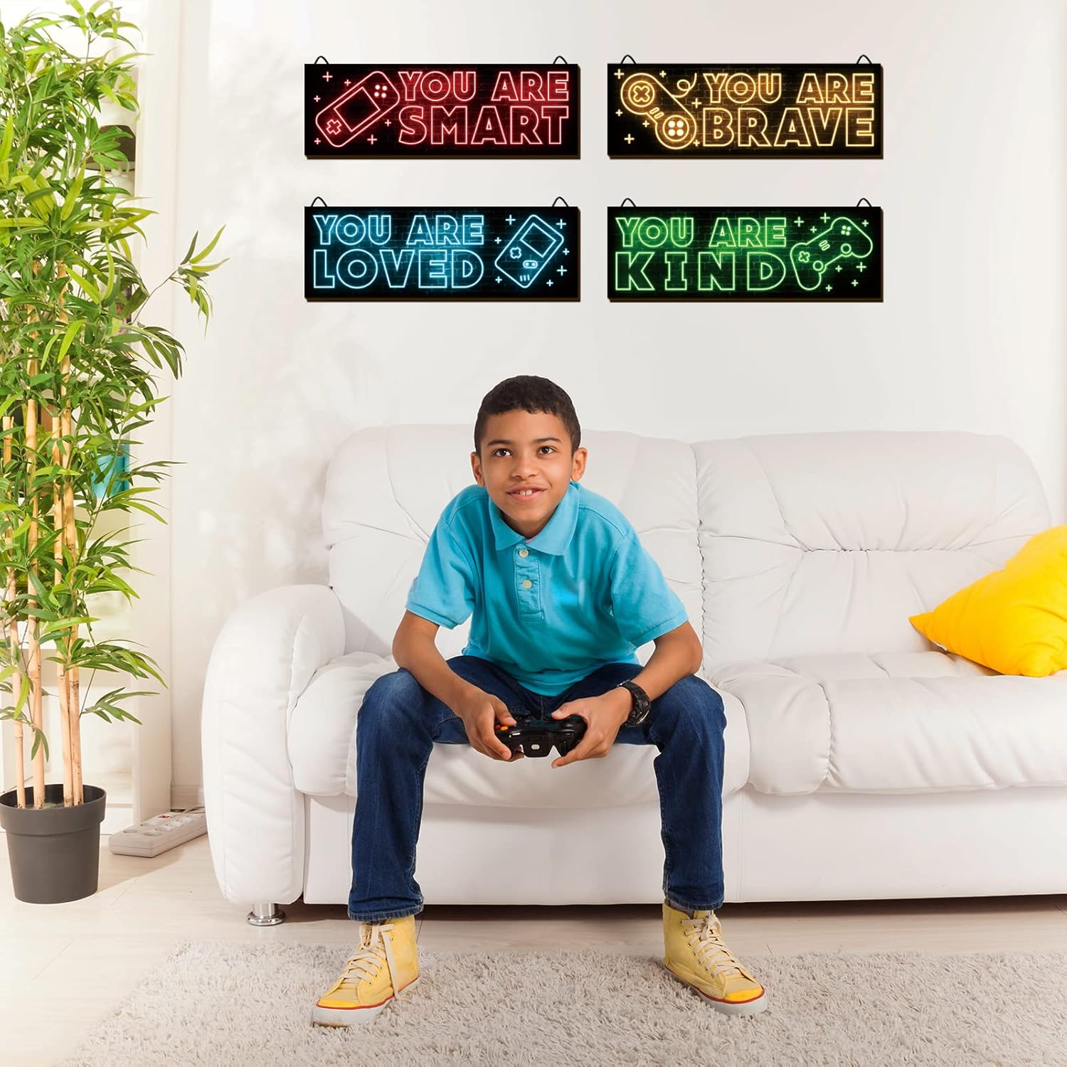 YLOLUL Neon Game Art Prints - 4-Piece Wood Wall Decor for Boys' Rooms | Inspirational Gamer Decor, 12 x 4 Inch, Red