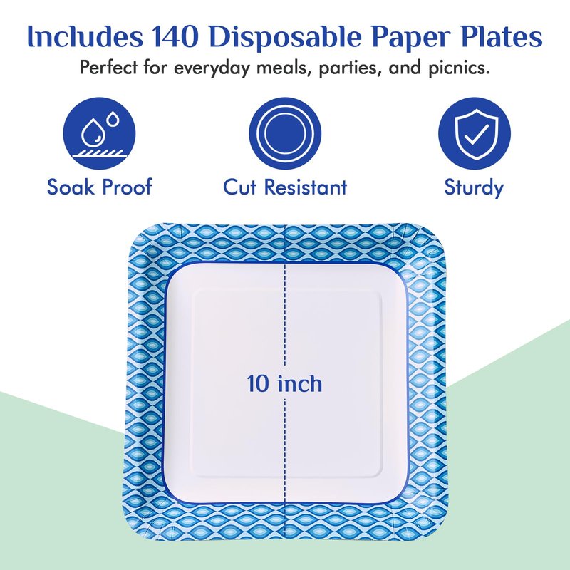 MUCHII 10 Inch Square Paper Plates, 140 Count Heavy Duty Bulk Disposable Paper Plates for Daily Use, Family Gatherings, Parties, Picnic