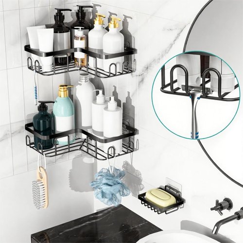 Moforoco Corner Shower Caddy | Self-Adhesive Black Organizer Shelf for Bathroom Storage & Decor