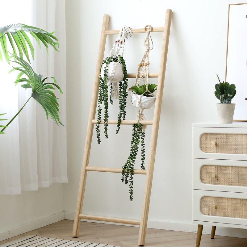 FUIN Fully Assembled 57in Bamboo Blanket Ladders Living Room Wood Decorative Wall Leaning Farmhouse Quilt Display Holder Rustic Wooden Towel Rack for Bathroom, Unfinished