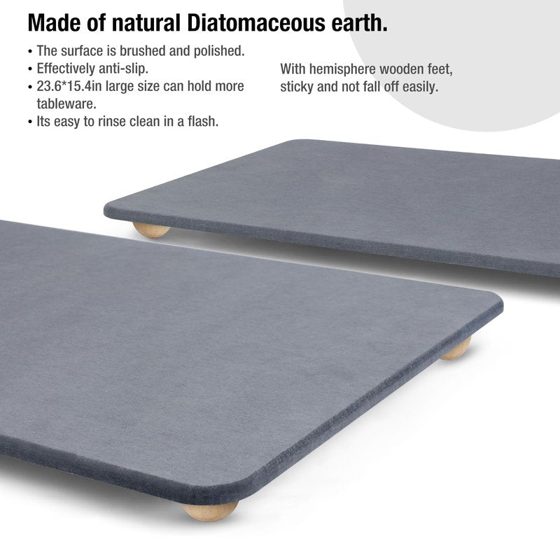 Stone Dish Drying Mat for Kitchen Counter, 16"×12" Quick Dry Super Absorbent Eco-Friendly Diatomaceous Earth Stone Mat with hemisphere wooden feet, Non-slip, Heat Resistant, Multi-purpose mats.