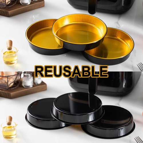 Air Fryer Foil Liners 20 Pack - 7 Inch Round Disposable Aluminum Pans | High-Heat Safe, Food-Grade Black & Gold