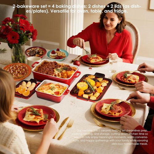 ACMLIFE Ceramic Casserole Dish Set - 4-Piece Stoneware Bakeware with Lid | Red, Oven-Safe, 3.06 Qt & 0.95 Qt