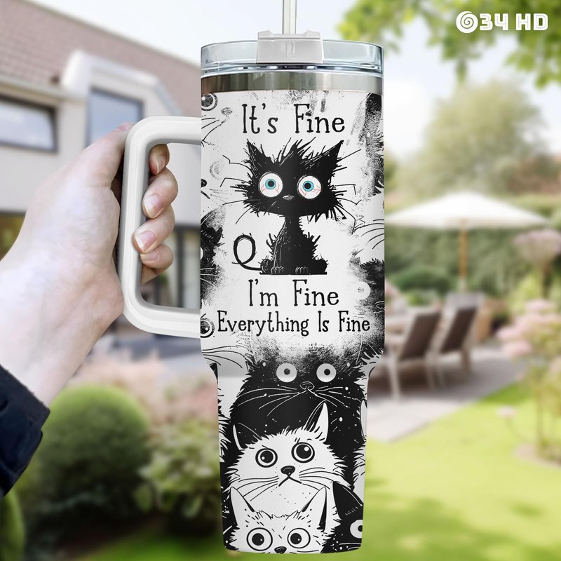 34HD Funny Black Cat 40oz Tumbler with Handle and Straw, Everything Is Fine Stainless Steel Vacuum Insulated Cup, Birthday & Mother's Day Gifts for Pet Lovers, Him Her and Mom