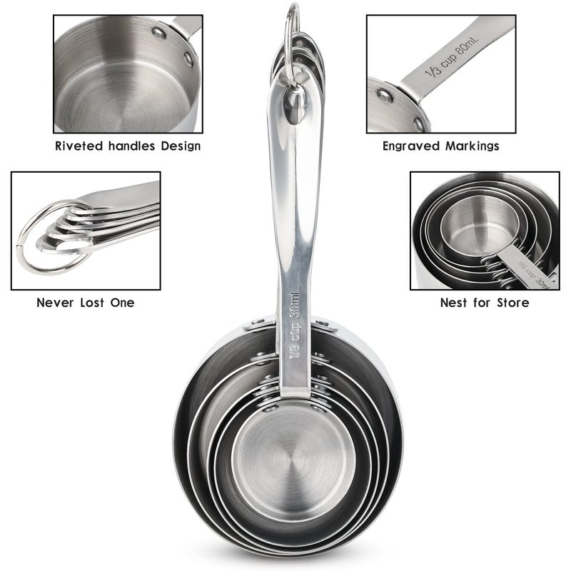 Nstezrne Stainless Steel Measuring Cups and Spoons Set of 12, 5 Dry Measuring Cups and 6 Measuring Spoons With Leveler for Kitchen