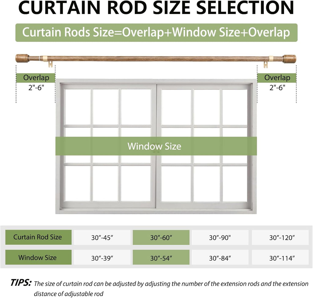 Regine Switzerland Adjustable Wood Grain Curtain Rods - 30-60 Inch for 30-54 Inch Windows | 2 Pack