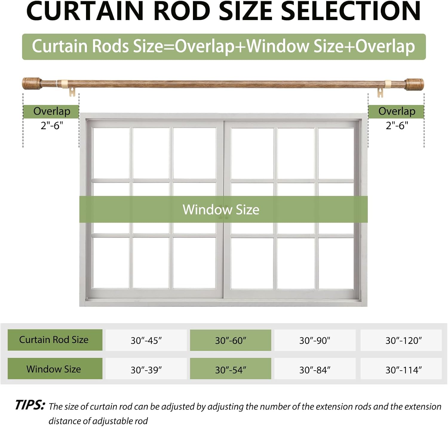 Regine Switzerland Adjustable Wood Grain Curtain Rods - 30-60 Inch for 30-54 Inch Windows | 2 Pack