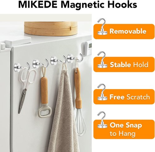 MIKEDE Heavy Duty Magnetic Hooks - 50Lbs+ Neodymium Strength for Cruise Cabins & Storage | Pack of 4