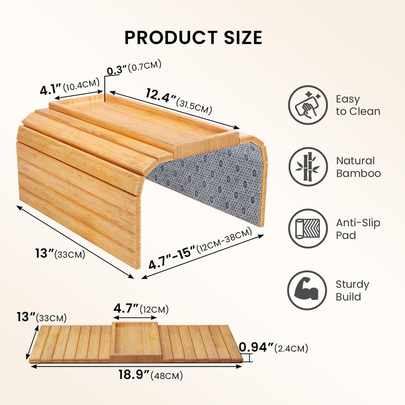 Danfoxer Sofa Arm Tray,Bamboo Folding Couch Arm Tray,Sofa Armrest Trays with Anti-Slip Pad for Drinks,Snacks,Phone,Remote Control（Natural）