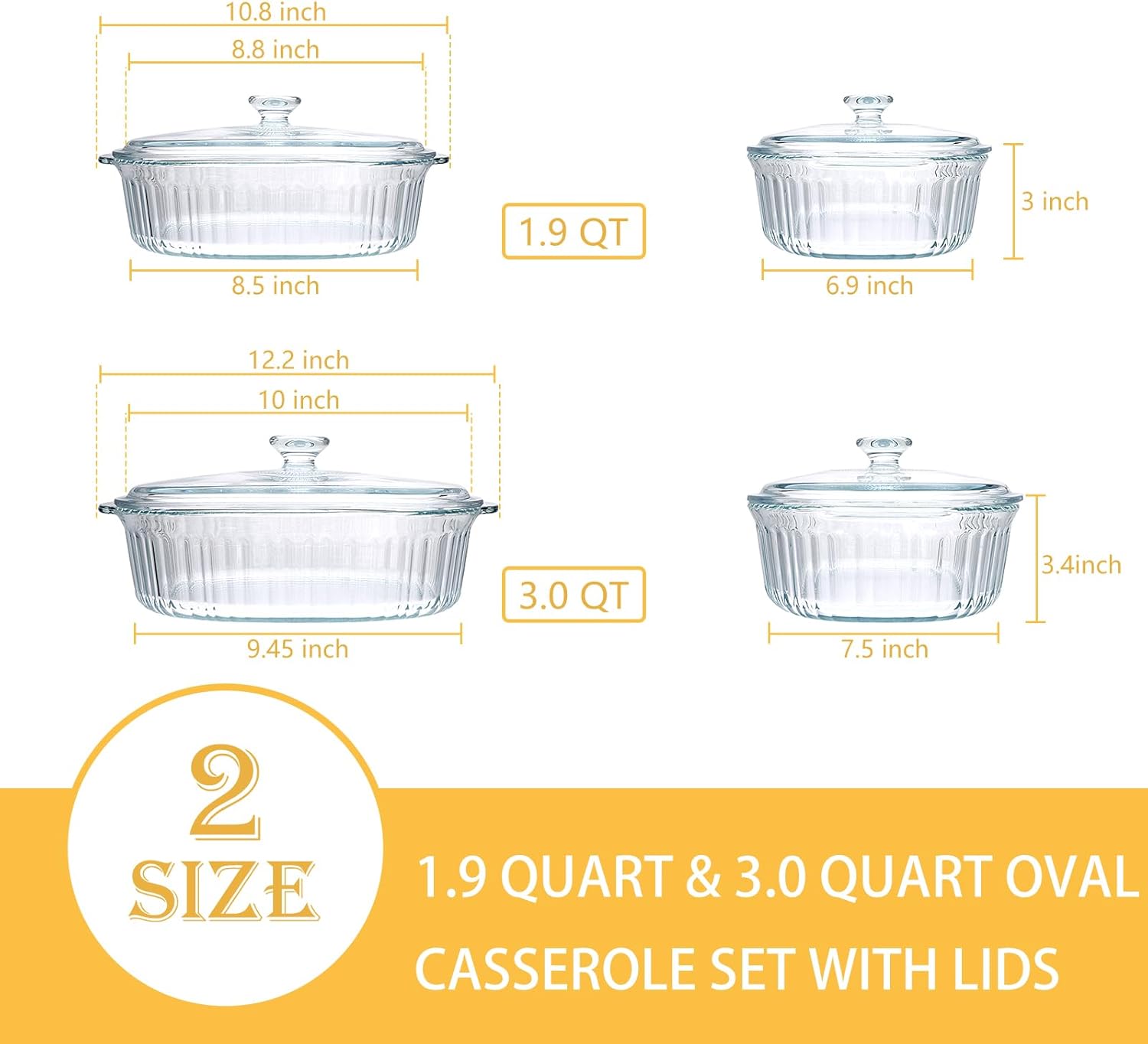 Regine Switzerland Glass Casserole Baking Dishes - 2 Pack with Lids | 1.9 Qt & 3 Qt Ribbed Oval Bakeware Set for Lasagna and Casseroles