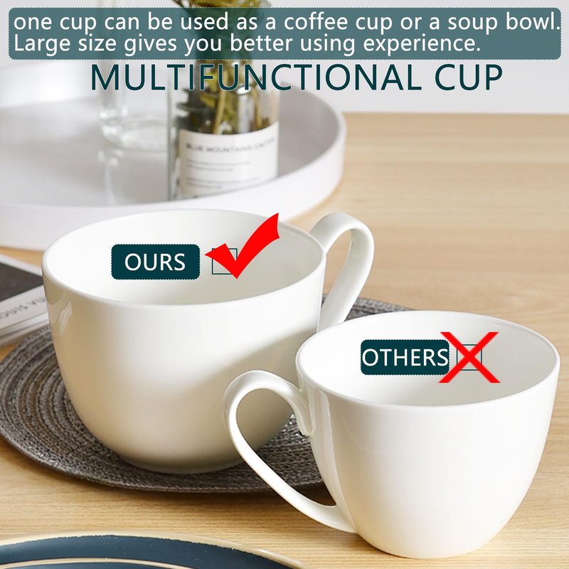 Gang Rinpoche 22 OZ White Bone China Soup Mugs with Handles, Large Ceramic Coffee Mugs Set of 2 for Hot Chocolate Cocoa Cereal Salads Yogurt Beverage Milk Latte Cappuccino, Dishwasher Microware Safe