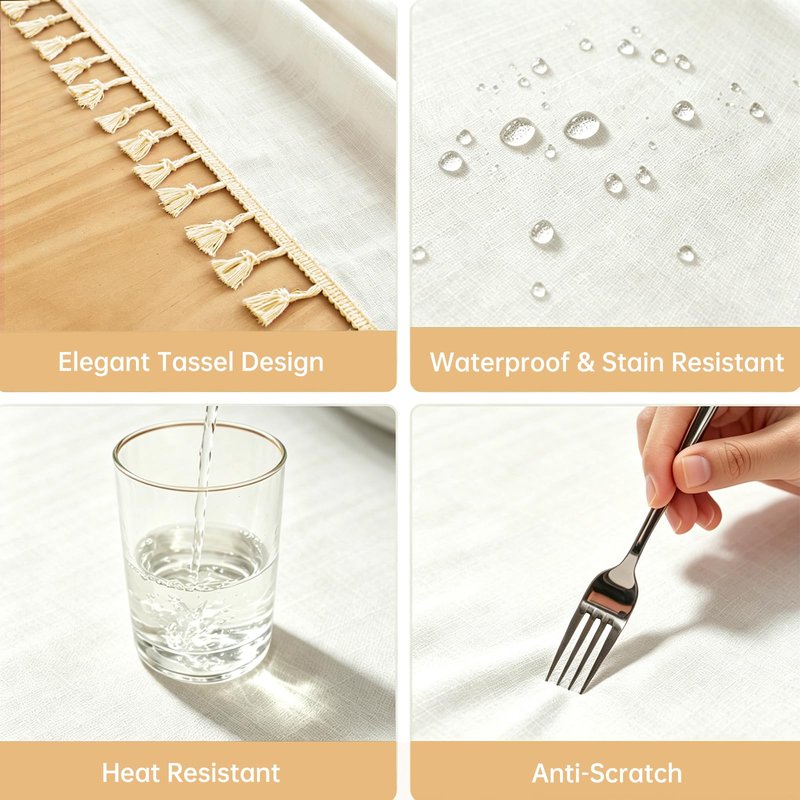 Alsoo Table Cloth Rectangle Table 55" x 90" Linen Look Texture Cotton Tablecloth Waterproof Wrinkle Free Heavy Duty Tables Cover with Tassel for Kitchen Dining Holiday Party, Ivory