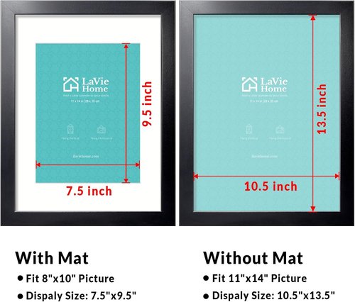 LaVie Home 11x14 Picture Frame - Sturdy Black Frame with Polished Plexiglass | Displays 8x10 with Mat or 11x14 Without Mat