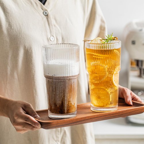 INSETLAN 20oz Ribbed Glass Tumbler Set of 4 – Large Capacity Drinking Glasses for Iced Coffee, Water, Juice, and Cocktails – Elegant Modern Glassware for Everyday Use and Special Occasions