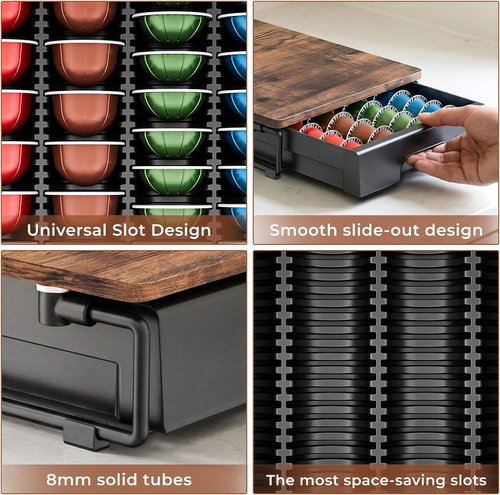 Everie Wooden Coffee Pod Storage Drawer - Large Capacity Organizer for Nespresso VertuoLine, Rustic Brown