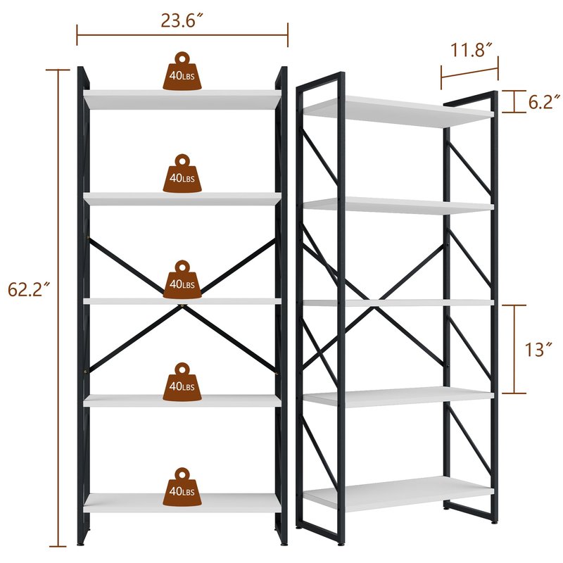 Shintenchi 5 Tiers Bookshelf, Classically Tall Bookcase Shelf,Industrial Book Rack,Modern Book Holder in Bedroom/Living Room/Office, Storage Rack Shelves for Books/Movies,11.8" Dx23.6 Wx62.2 H,White