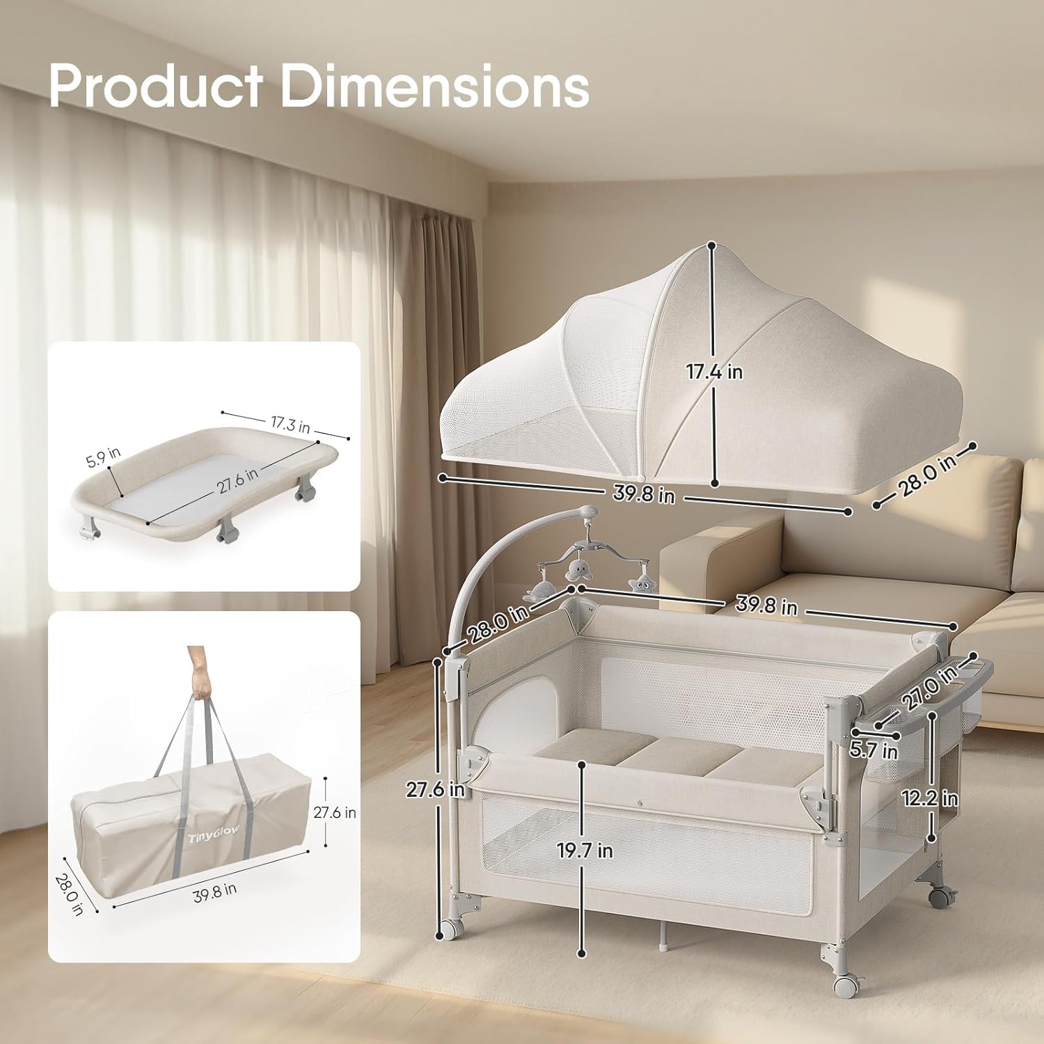 TinyGlow 4-in-1 Baby Bassinet - Portable Crib with Mattress & Mosquito Net | Easy Assembly & Travel-Friendly