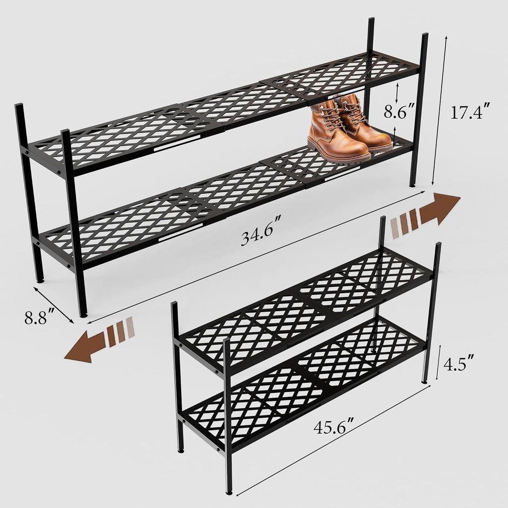 Skiennix Expandable Shoe Rack - 2-Tier Metal Organizer for 12-18 Pairs | Black 45.6 Inches