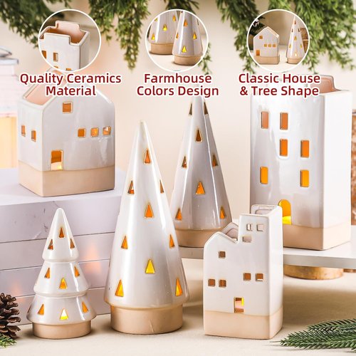 Beeveer Christmas Ceramic Buildings Decoration Set - 6 Pcs Tealight Candle Holders | Winter Holiday Centerpiece (4.4" to 9.4")