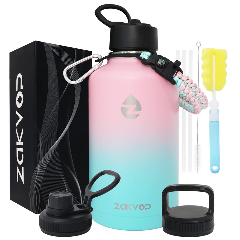 ZAKVOP 64 oz Insulated Water Bottle with Straws&3 Lids, ZAKVOP Half Gallon Water Bottle Stainless Steel Double Walled, Big Water Jug with Paracord Handle, Large Metal Water Bottle for Gym