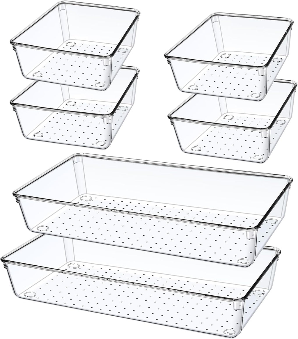 Skiennix 6 PCS Clear Plastic Drawer Organizer Trays - Large Size for Makeup, Kitchen & Office | 12'' Acrylic Design