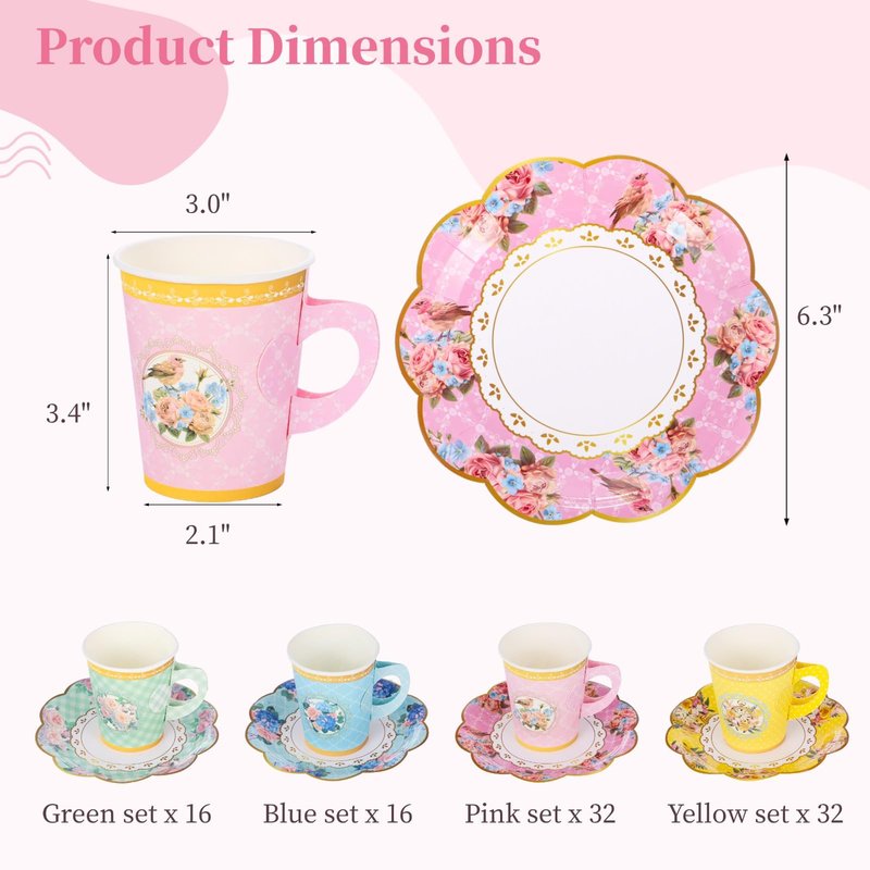 192 PCS Floral Paper Tea Cups with Handle - 96 Disposable Cups and Saucers for Birthday Wedding Tea Party Decorations