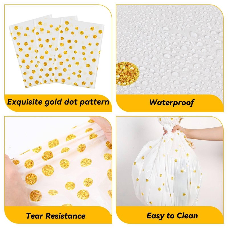 Newwiee 3 Pcs Round Dot Tablecloth 84 Inch Plastic Table Cover Graduation Confetti Tablecloths for Grad Wedding Bridal Shower Birthday Spring Graduate Party Decor (White and Gold Dots)
