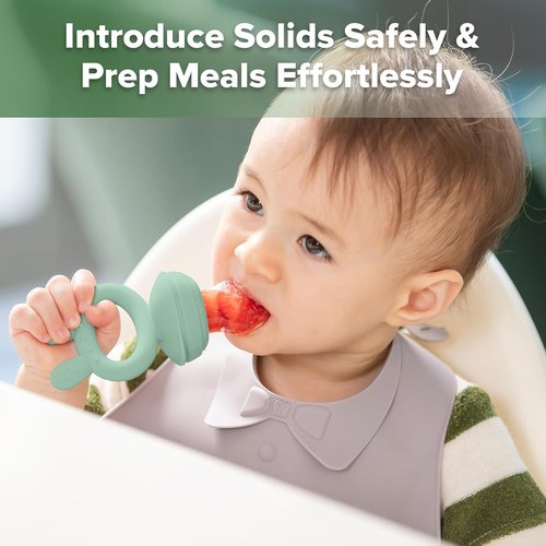 Haakaa Baby Fruit Feeder & Mini Freezer Nibble Tray Combo - BPA-Free Silicone Popsicle Molds for Safe Self-Feeding (Pea Green)