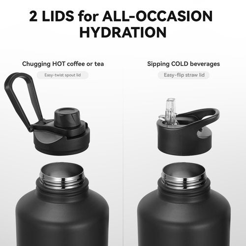 64 oz Insulated Water Bottle with Straw & Spout Lids, Stainless Steel Metal Half Gallon Water Jug with Paracord Handle, Double Wall Vacuum, Leakproof, Keep Drinks Cold & Hot, Black