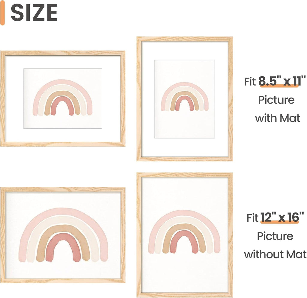 Upsimples 12x16 Picture Frame Set of 5 - Versatile Wall Gallery Frames for 8.5x11 or 12x16 Photos - Natural Finish