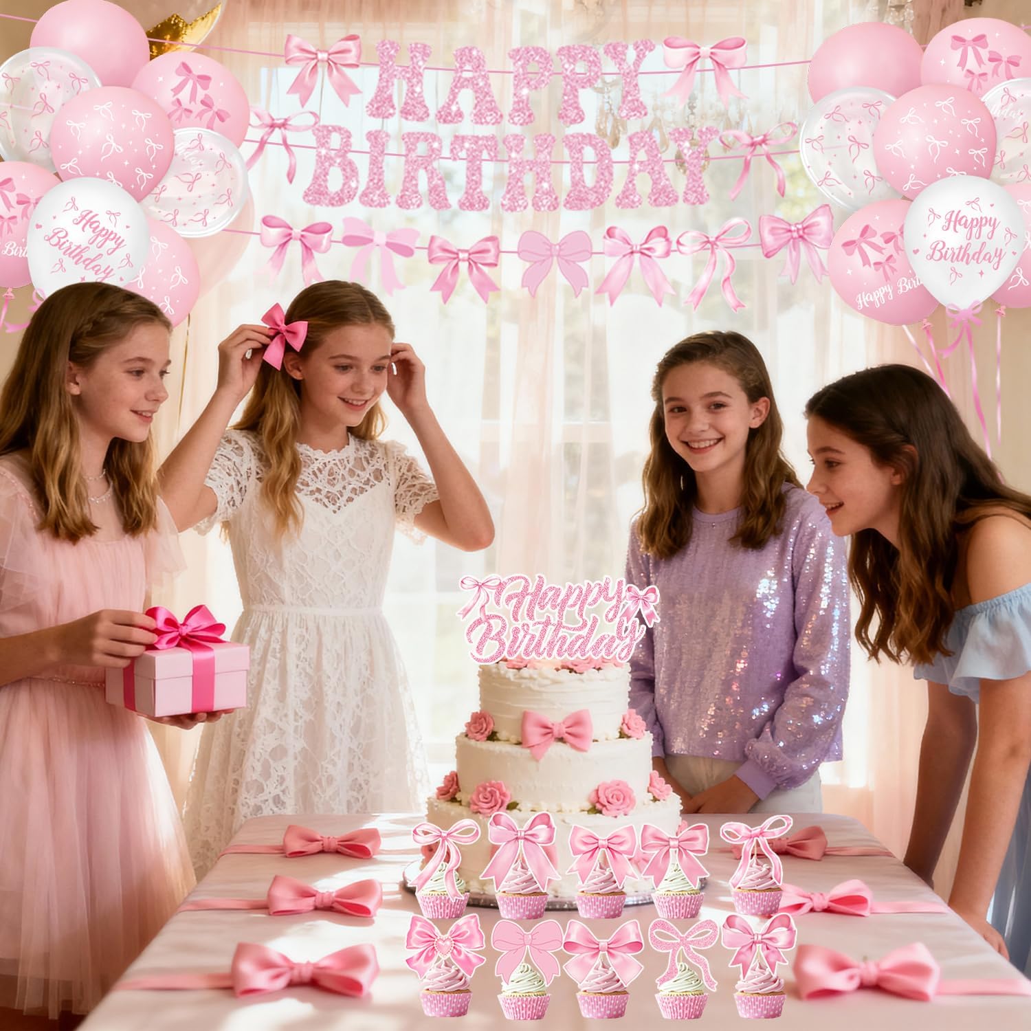 Pink Bow Birthday Decorations - Complete Party Set with Plates, Napkins, Balloons & More for 20 Guests
