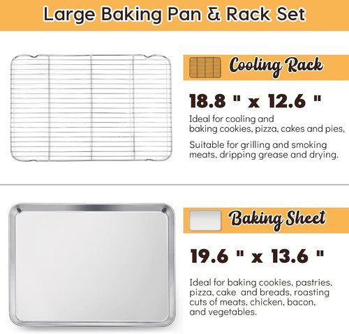 E-far Stainless Steel Baking Sheet Set - 20”x14” Cookie Pan with Cooling Rack | Dishwasher Safe