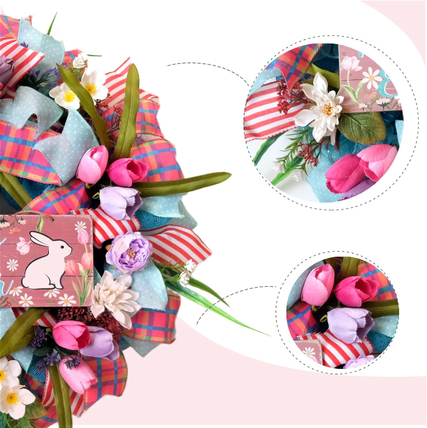 Skiennix 22-Inch Easter Bunny Wreath - Spring Decor with Pink Tulips & Flowers for Indoor/Outdoor Use