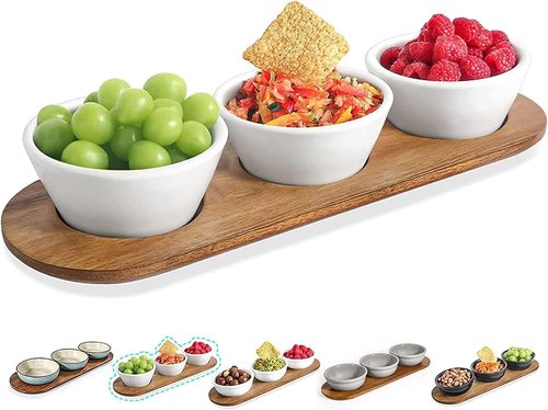 Artena 10oz Ultra-Fine Porcelain Chips and Dip Serving Platter - Acacia Wooden Tray & 4.75" Bowls