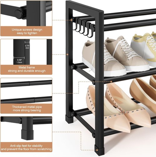 Expandable Shoe Rack by [Brand Name] - Adjustable 3-Tier Shoe Organizer for 18 Pairs | Sturdy Metal Storage in Black